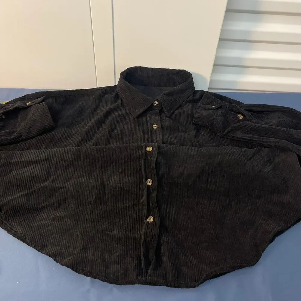 Men's Long Sleeve Low Shoulder Corduroy‎ Button Up Black Shirt Size XL